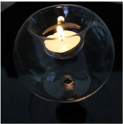 Handmade round hollow glass candle bowl in European style, shown in 8cm, 10cm, and 12cm diameter options.