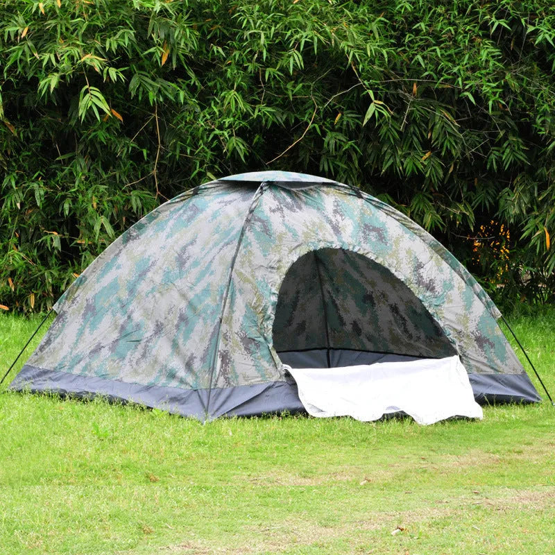 Green and brown camouflage pattern two-person camping tent with mesh windows, shown pitched outdoors.