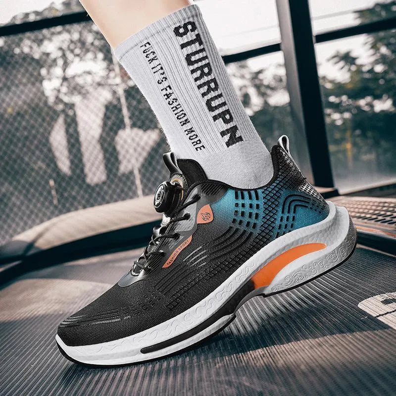 Men's low-top white and orange sneaker with a rotating buckle on a breathable mesh upper.