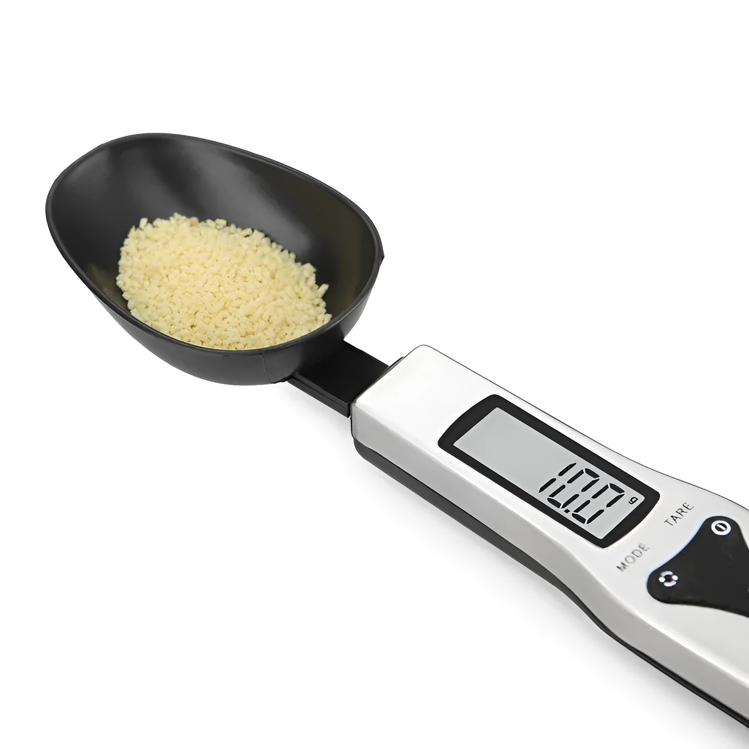 Smart digital kitchen measuring spoon with LCD display showing weight measurement.