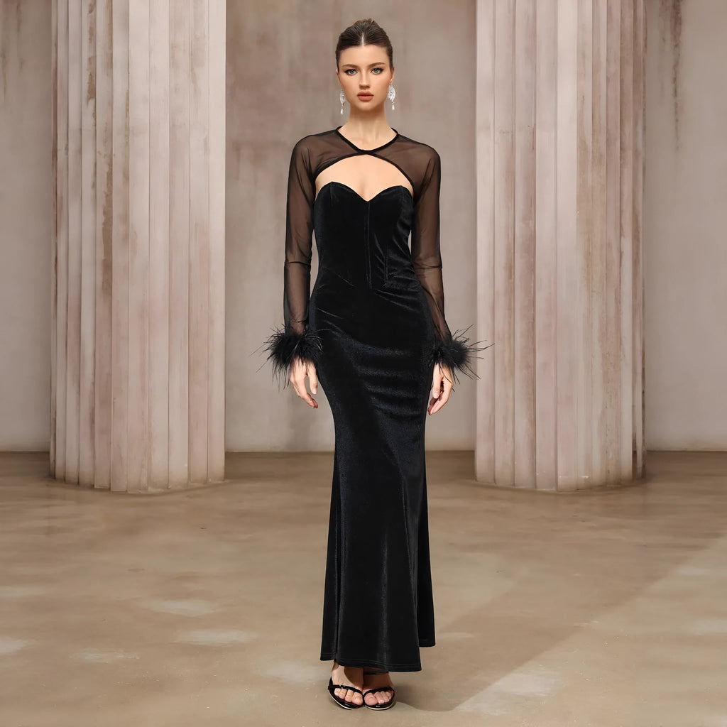 Black velvet tube dress and semi-transparent mesh top two-piece set with mid waist, mid-length skirt and lace detail