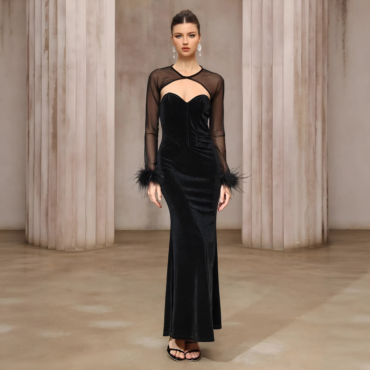 Black velvet tube dress and semi-transparent mesh top two-piece set with mid waist, mid-length skirt and lace detail