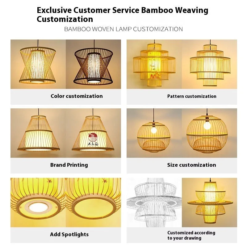 Bamboo lantern chandelier with 40x40cm shade, 220V, modern Chinese style and spotlight for restaurant use