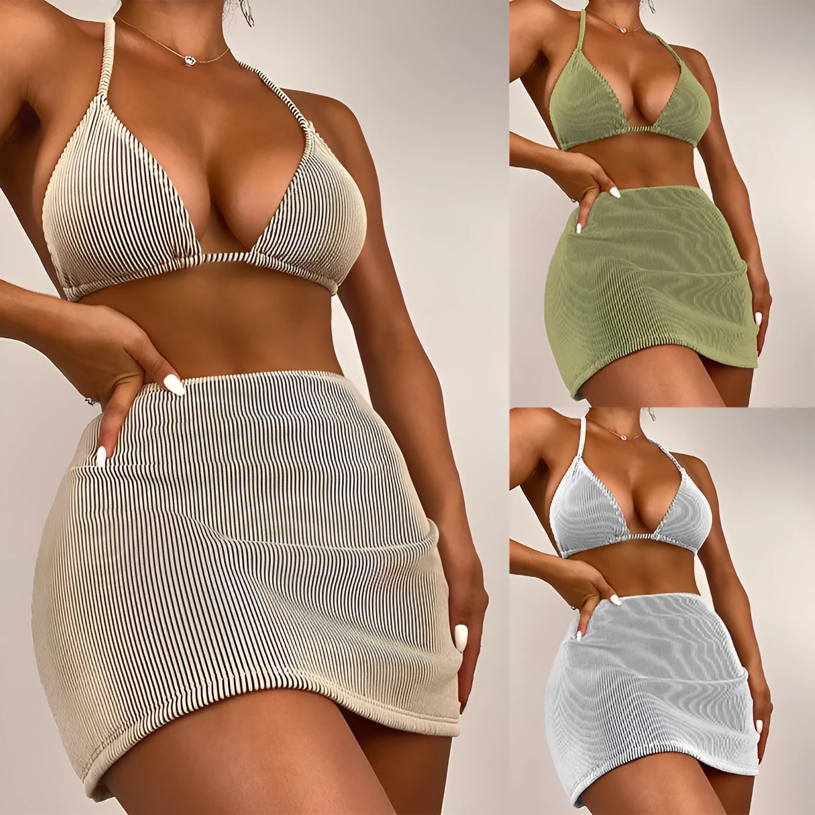 Three-piece rib fabric bikini swimsuit in sleeveless briefs style with Asian sizing options