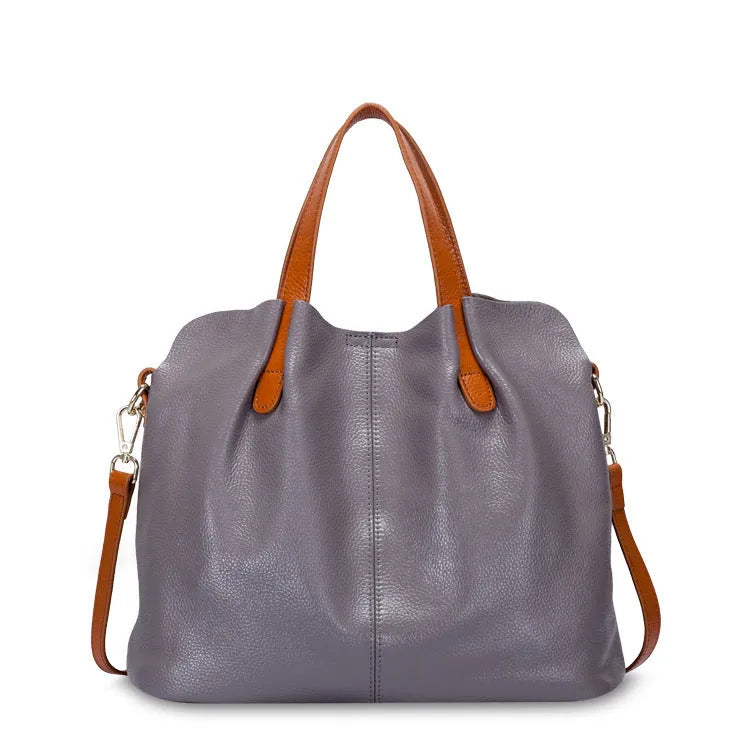 Women's soft cattle hide leather tote bag vertical square shape shoulder bag in flax blue colour