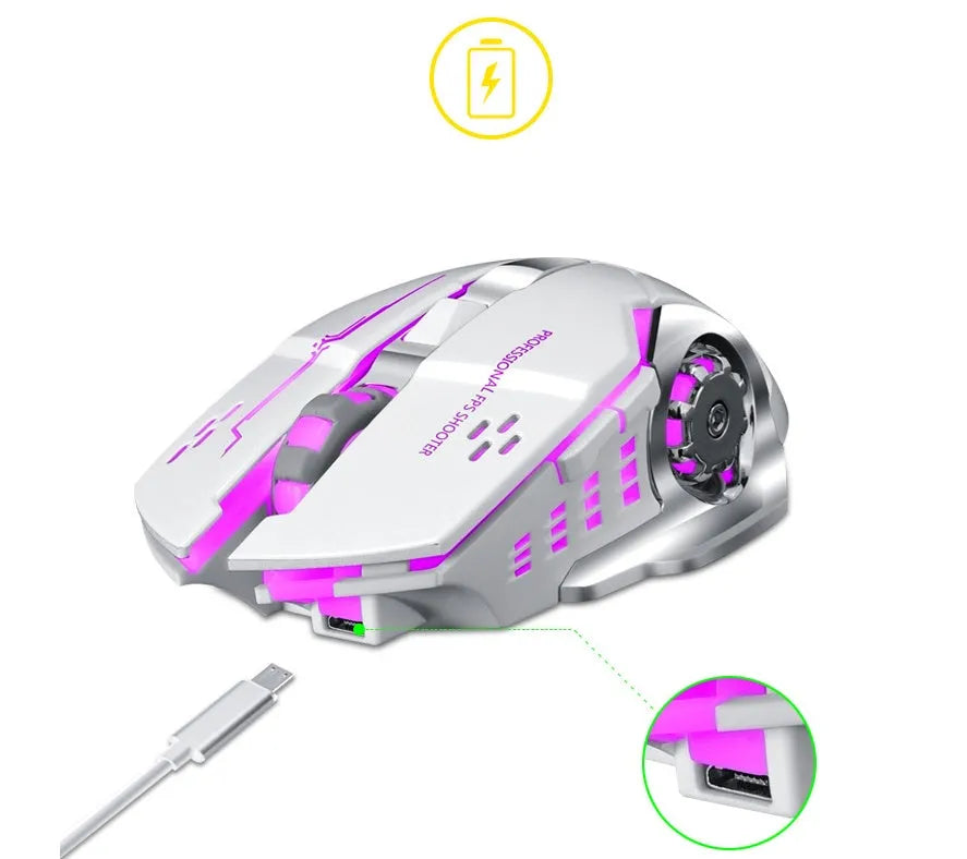 Black and white wireless mouse with USB charging port and silent click buttons