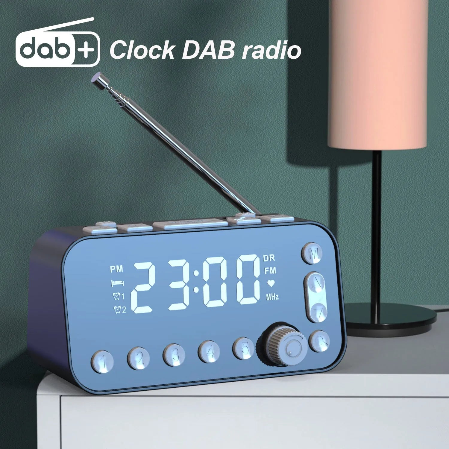 Black DAB bedside alarm clock with large LED display, upgraded pig tail antenna, and two USB ports on the side.
