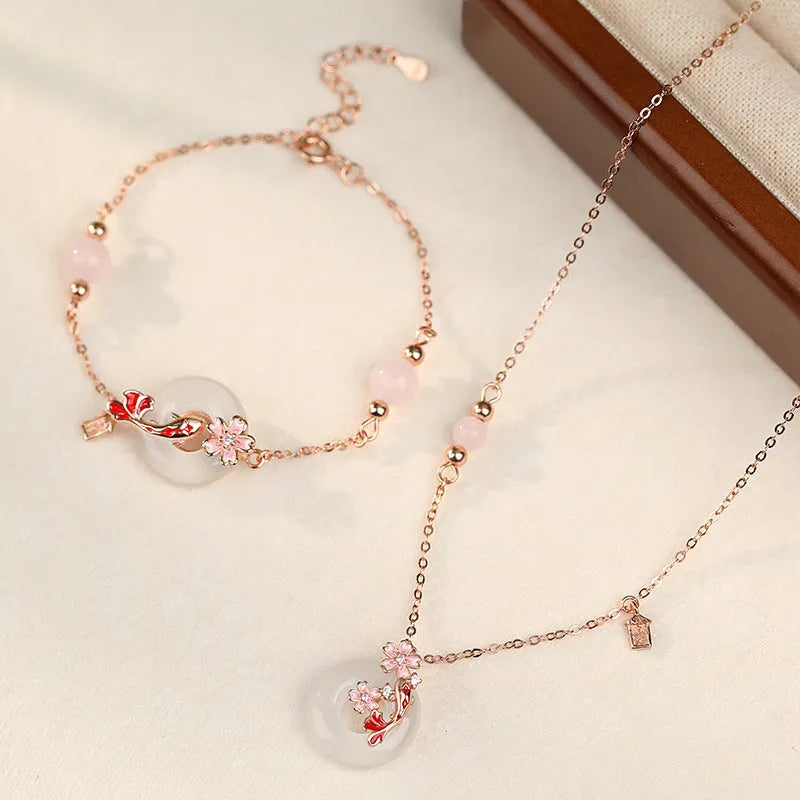S925 sterling silver women's bracelet with white chalcedony crystal and Koi-themed new Chinese floral design.