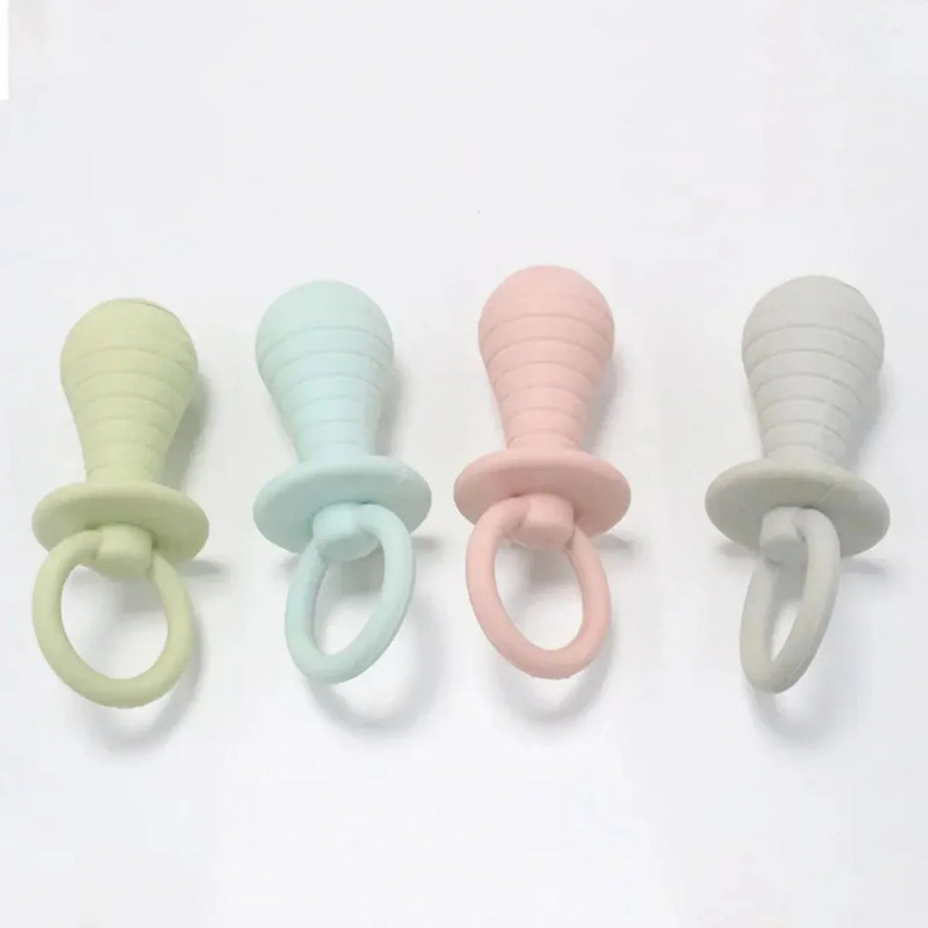 TPR pet pacifier squeaker toys for puppies and kittens in blue, grey, green, and pink colours