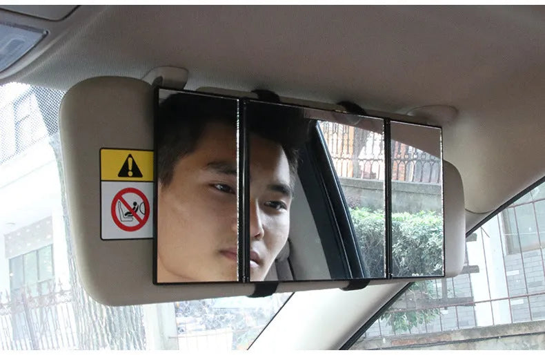 Silver car folding makeup mirror showing closed and open positions
