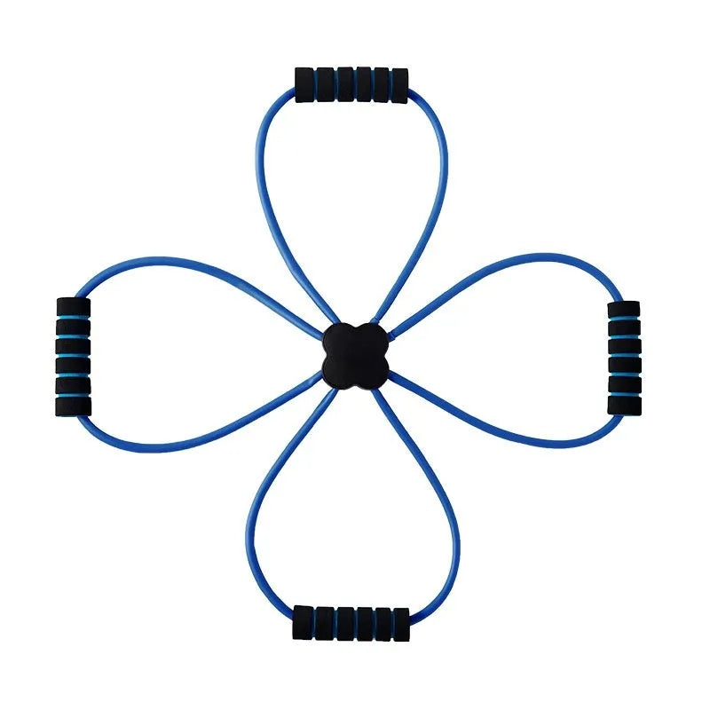 Blue and red eight character TPR puller fitness band for shoulder workouts.