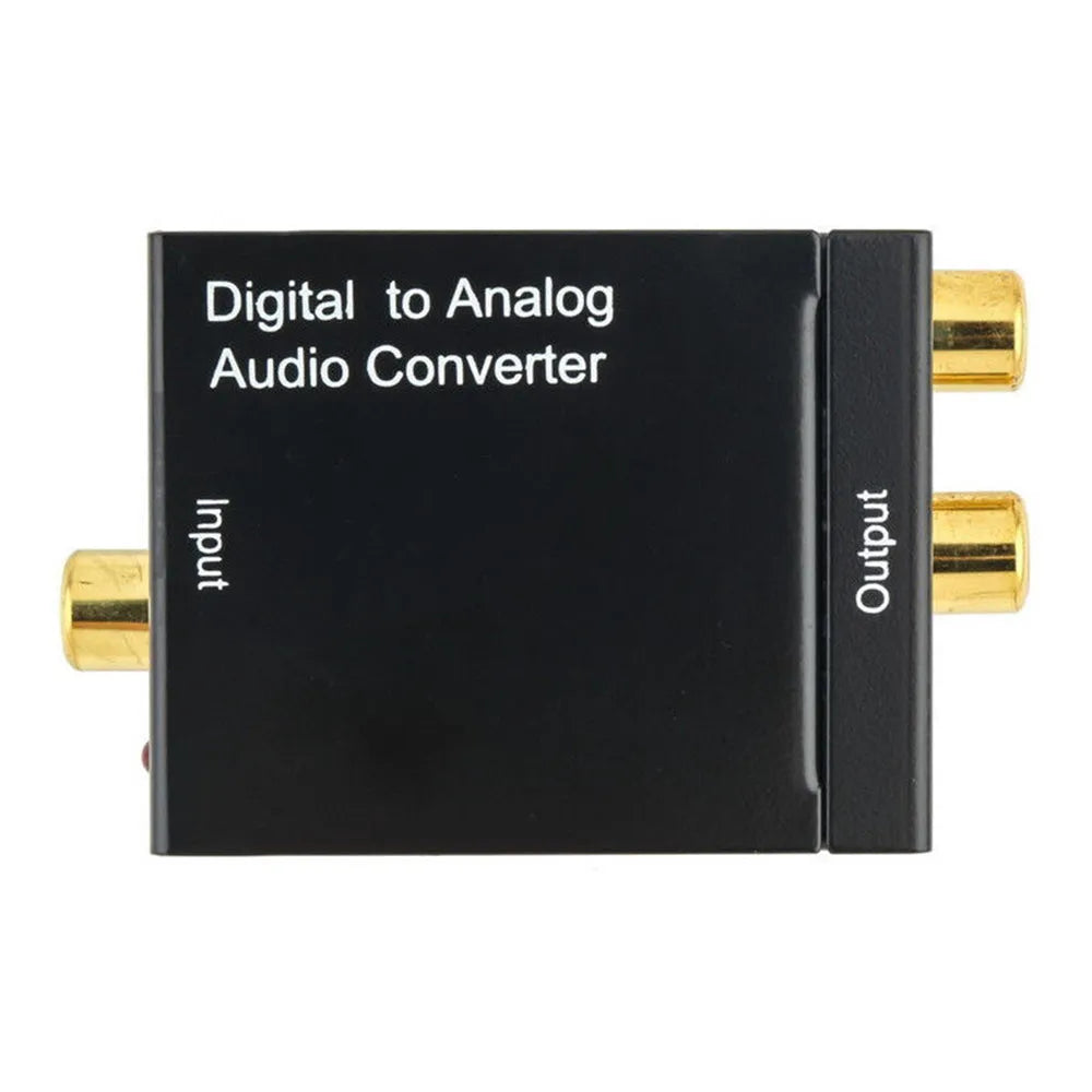 Black analog to digital audio converter with coaxial and optical inputs and RCA output for TV speaker