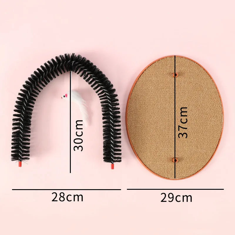 Black arch-shaped cat scratch post with rubbing surface and attached plush mouse toy