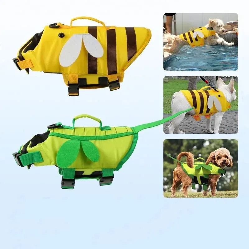 Bright green dog life vest with reflective strips and adjustable nylon straps fastened around a dog's torso.