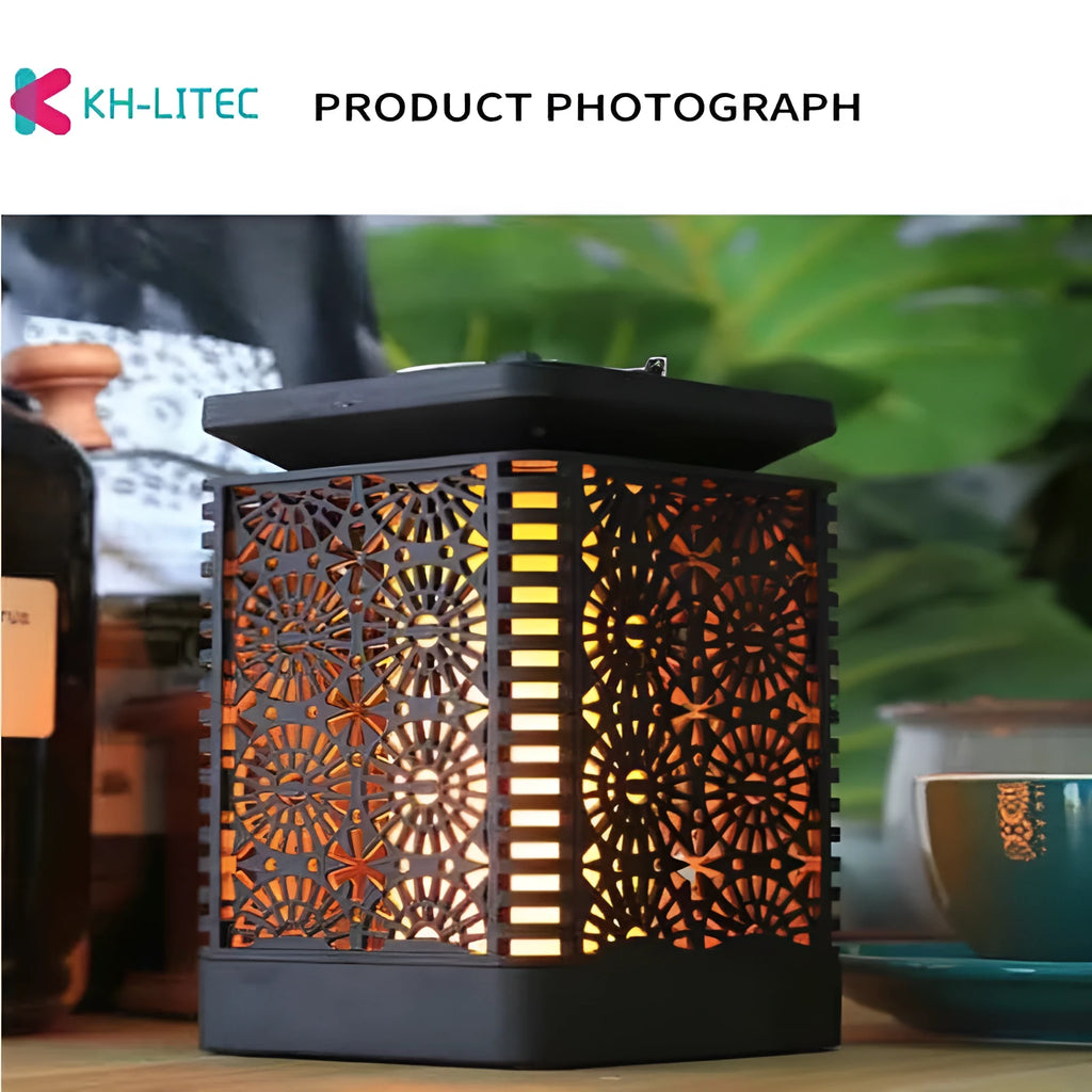 Set of four black solar-powered flame torch lights with flickering LED for outdoor garden decoration