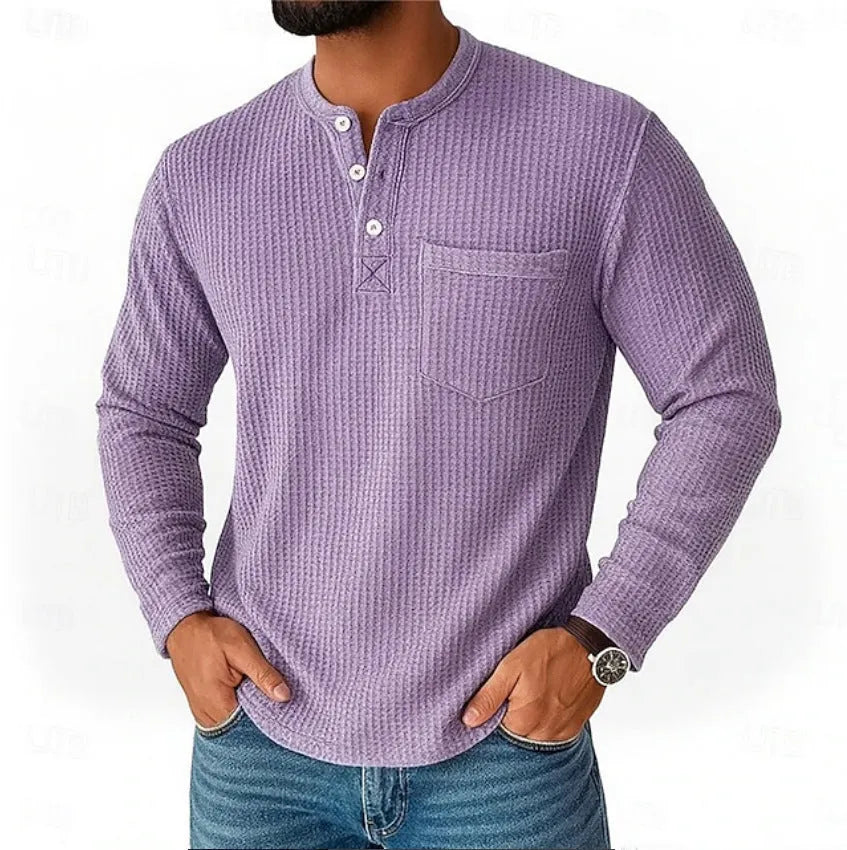 Men's long sleeve Henley shirt casual jacket with collar button in light gray, lightweight chemical fibre blend