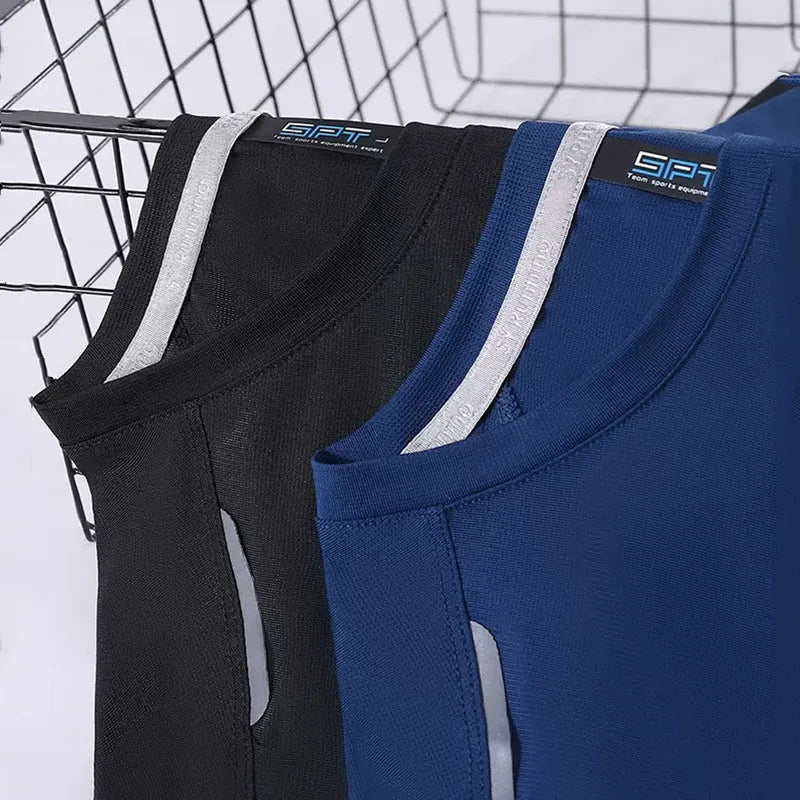 A round neck short sleeve sports T-shirt on a hanger, shown in peacock blue colour.