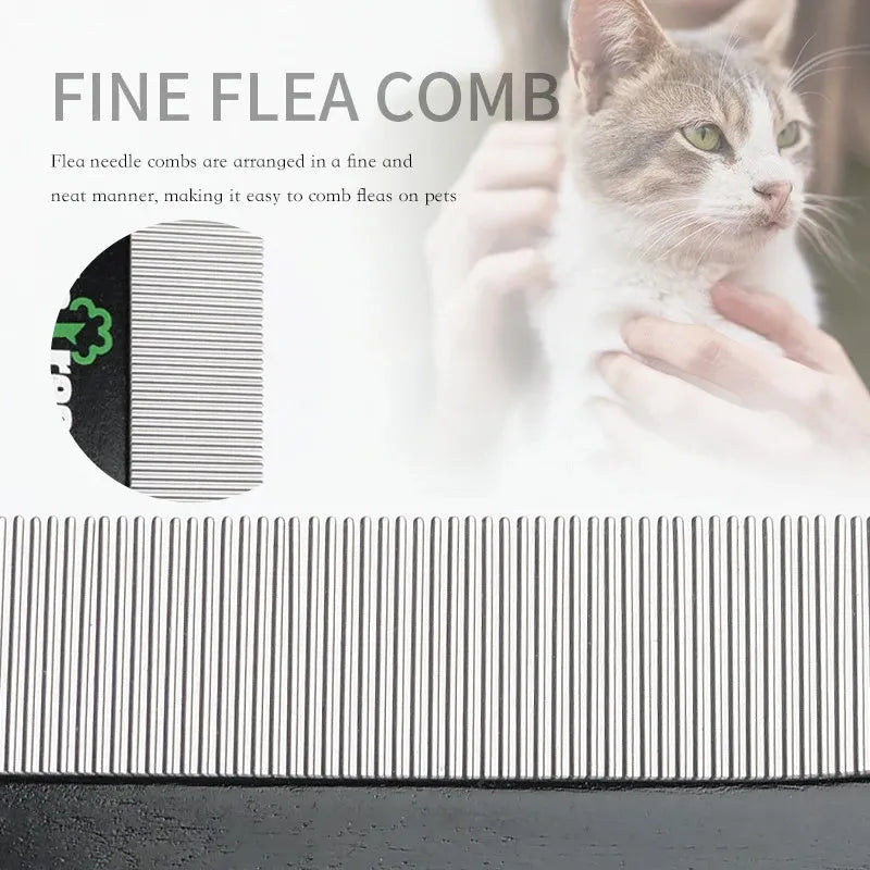 Black dual-sided pet grooming comb with wooden handle and stainless steel teeth for cats and dogs