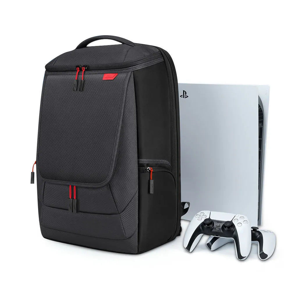 Black nylon game console storage bag for PS5 and console kits, 49 x 33 x 24cm, sewn construction, one bag.