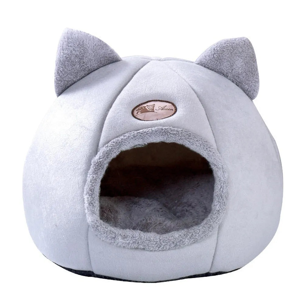 Grey fleece enclosed cube cat bed with entrance hole, shown in small, medium, and large sizes.