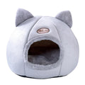 Grey fleece enclosed cube cat bed with entrance hole, shown in small, medium, and large sizes.