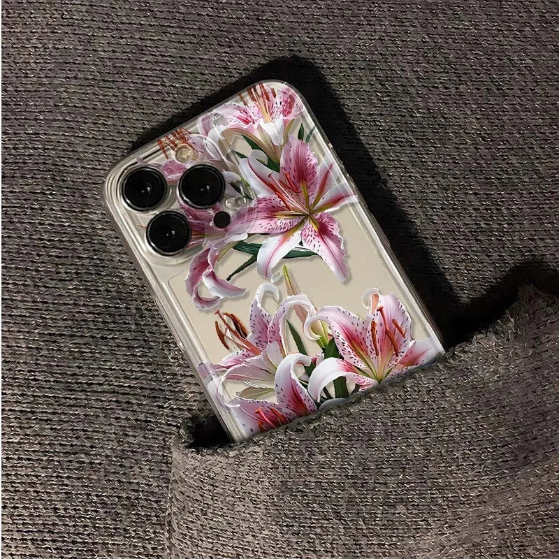 Transparent TPU phone case with embossed lily design, anti-fall back cover for iPhone models