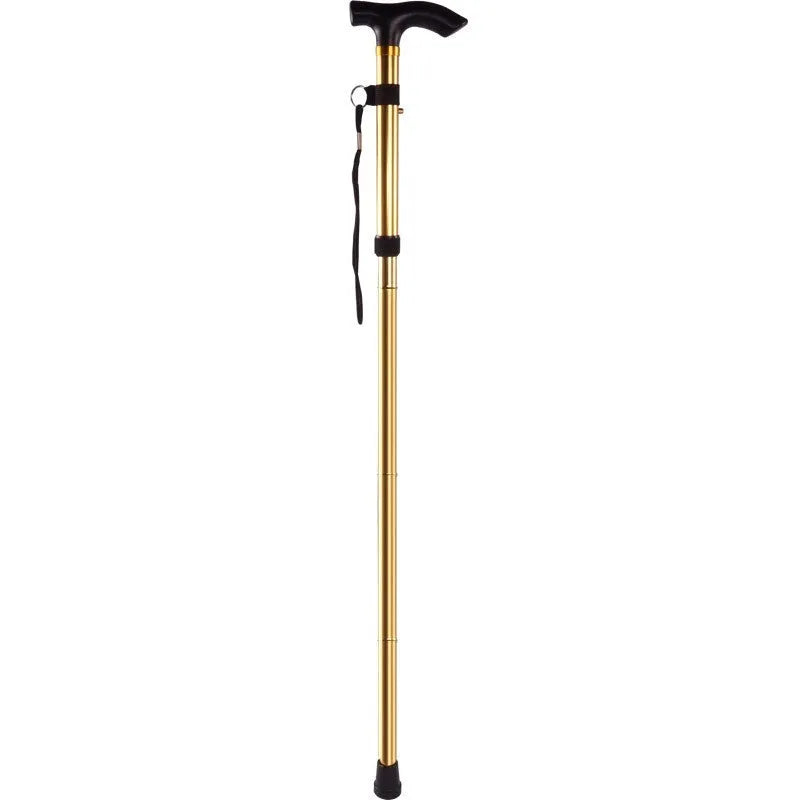 Aluminium folding walking cane extended, showing non-slip handle and adjustable shaft.