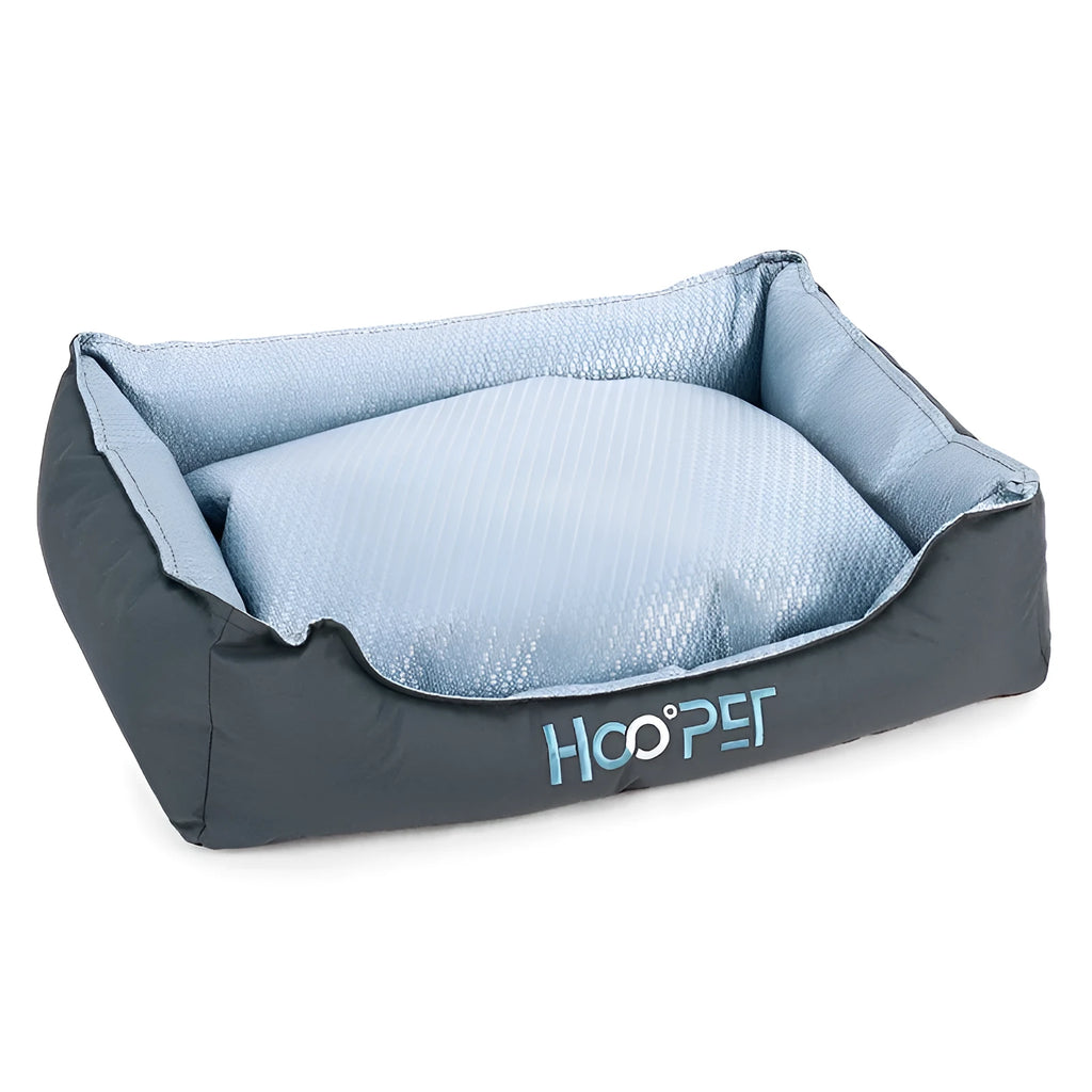 Soft grey dog bed with removable cover in small, medium, and large sizes.