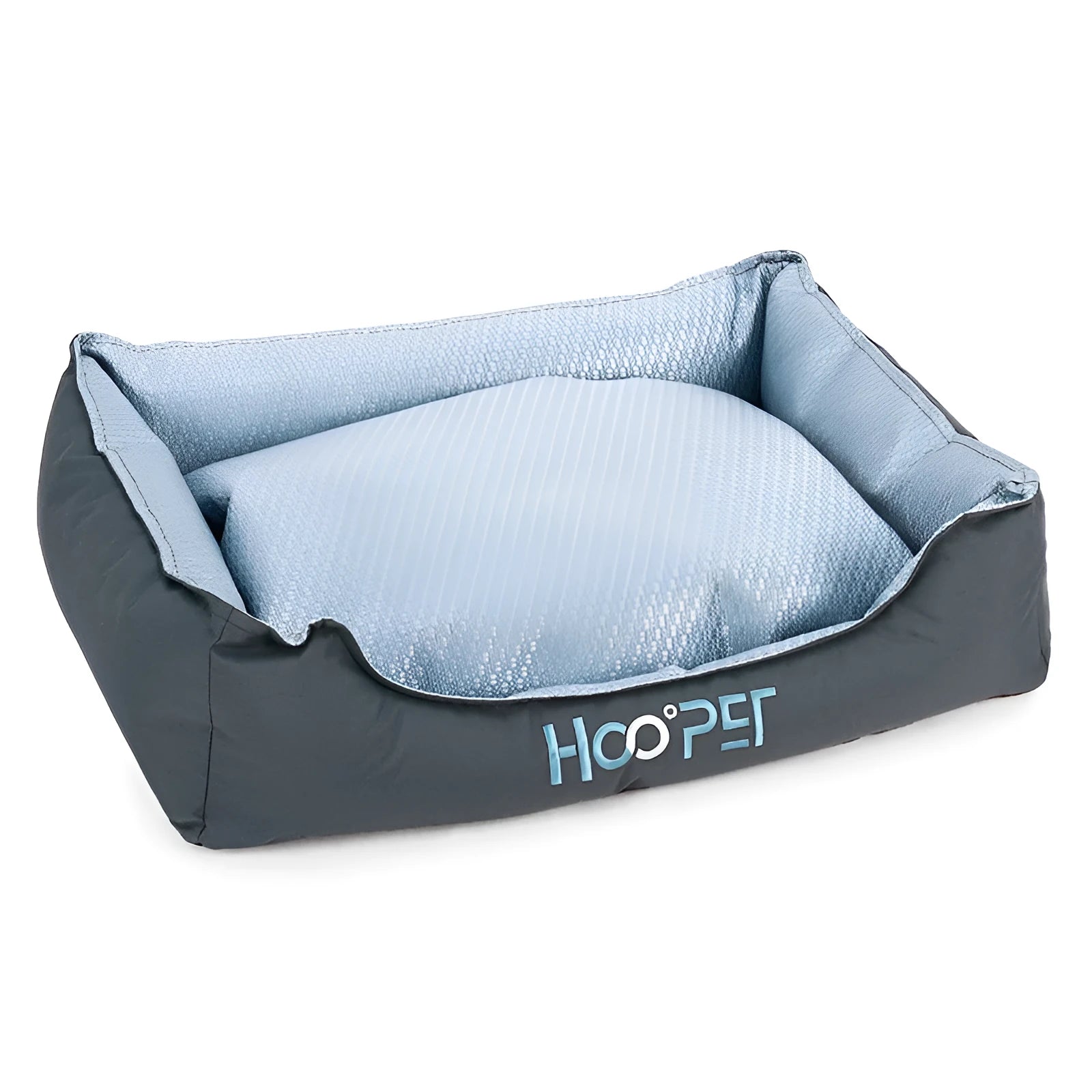 Soft grey dog bed with removable cover in small, medium, and large sizes.