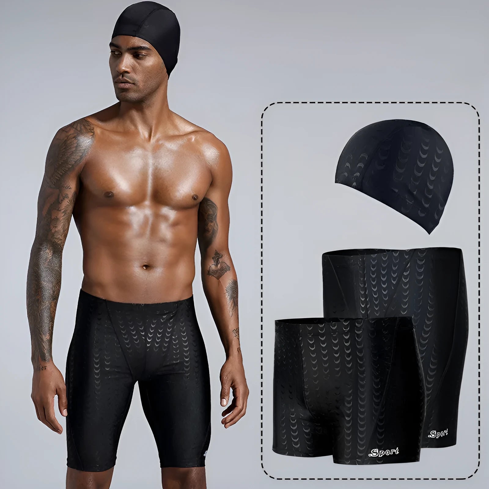 Men's solid colour waterproof polyester swimming trunks on a size chart showing XL, XXL, 3XL, 4XL.