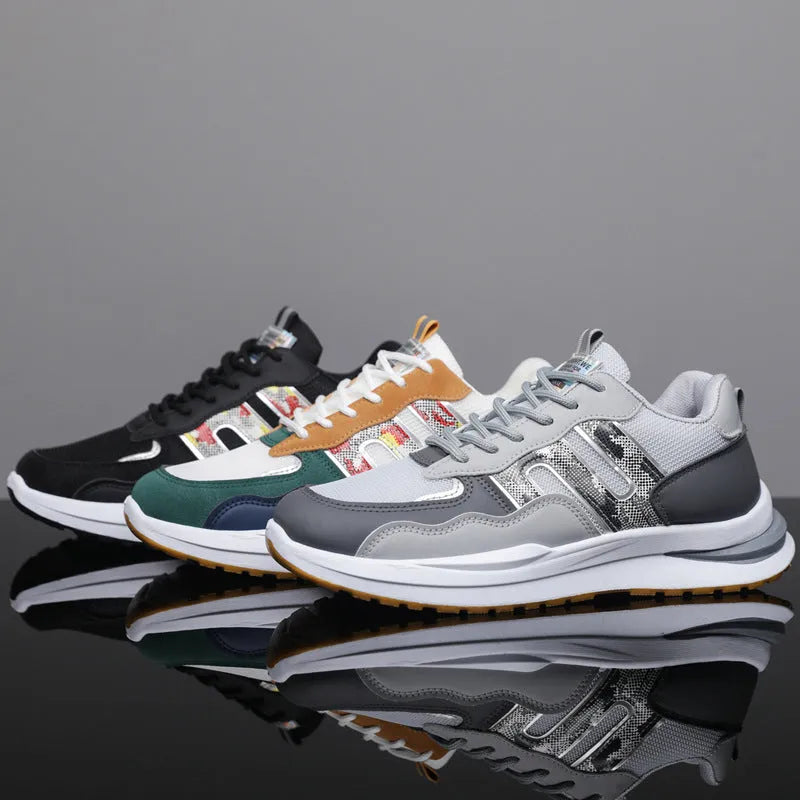 Men's white-green and black mesh casual sports shoes with shallow cut and leather toe holder