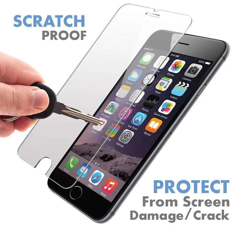 Transparent tempered glass screen protector for iPhone with anti-fingerprint coating.