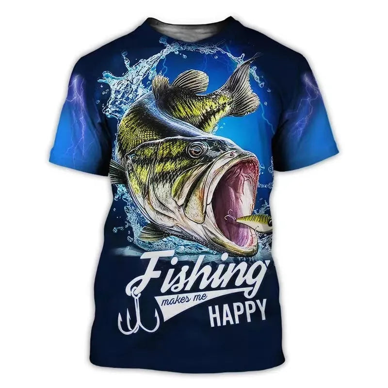 Men's loose fit t-shirt with a digitally printed fishing pattern design.