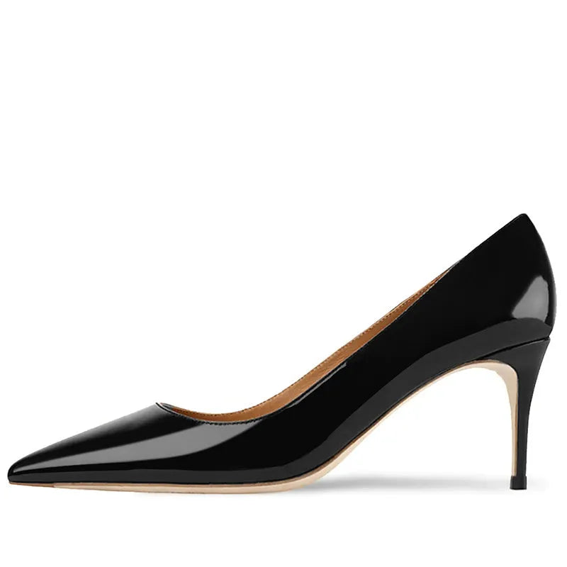 Women's black pointed-toe stiletto heels with soft sole and slip-on design