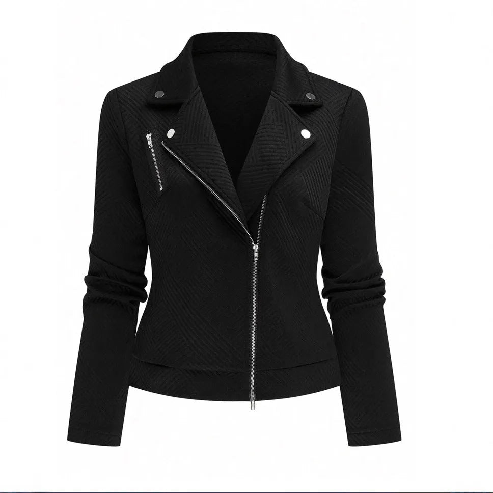 Women's oblique zipper fastener decoration slim casual jacket in black with long sleeves and loose fit