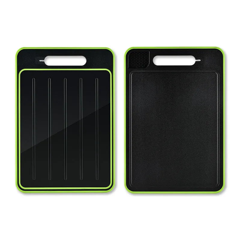 Square grey aluminium cutting board with double-sided design showing grinding teeth and integrated knife sharpener