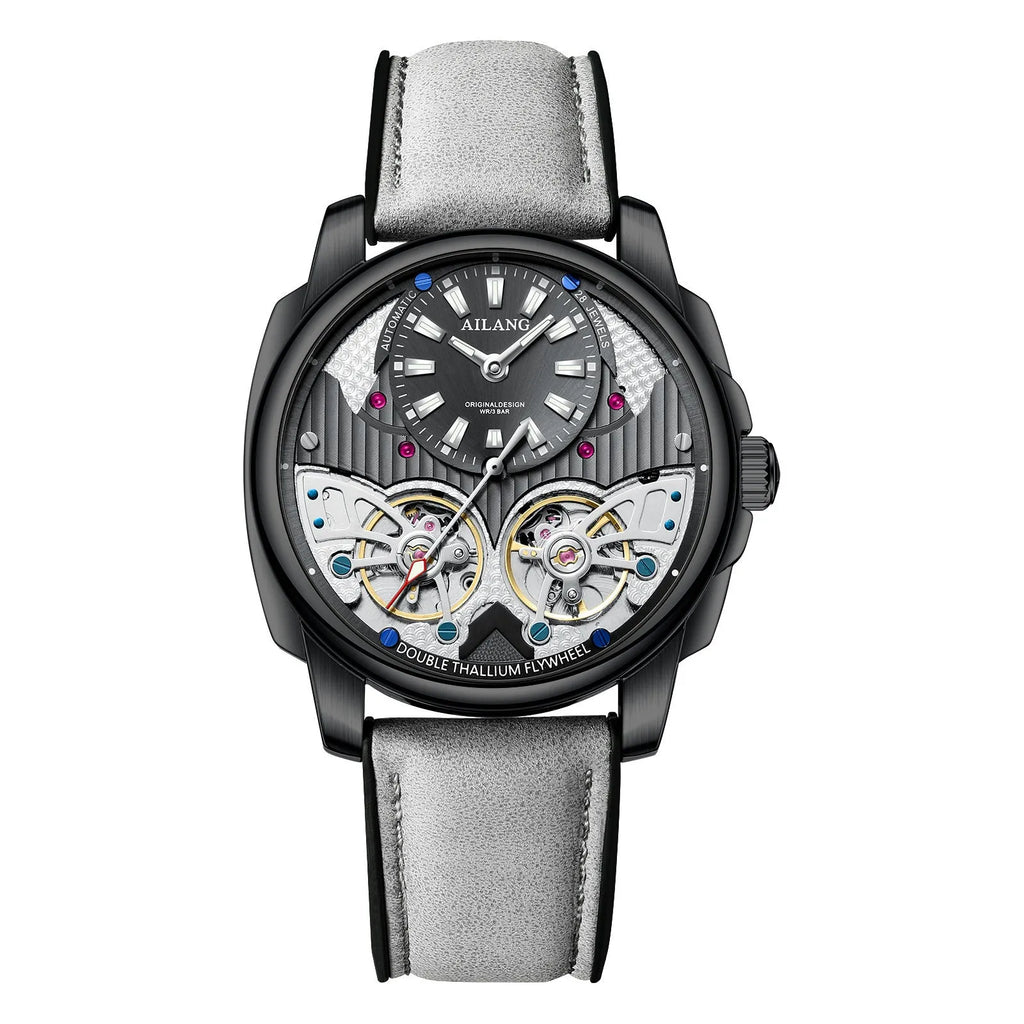 Automatic mechanical double tourbillon men's watch silver case black dial grey leather strap