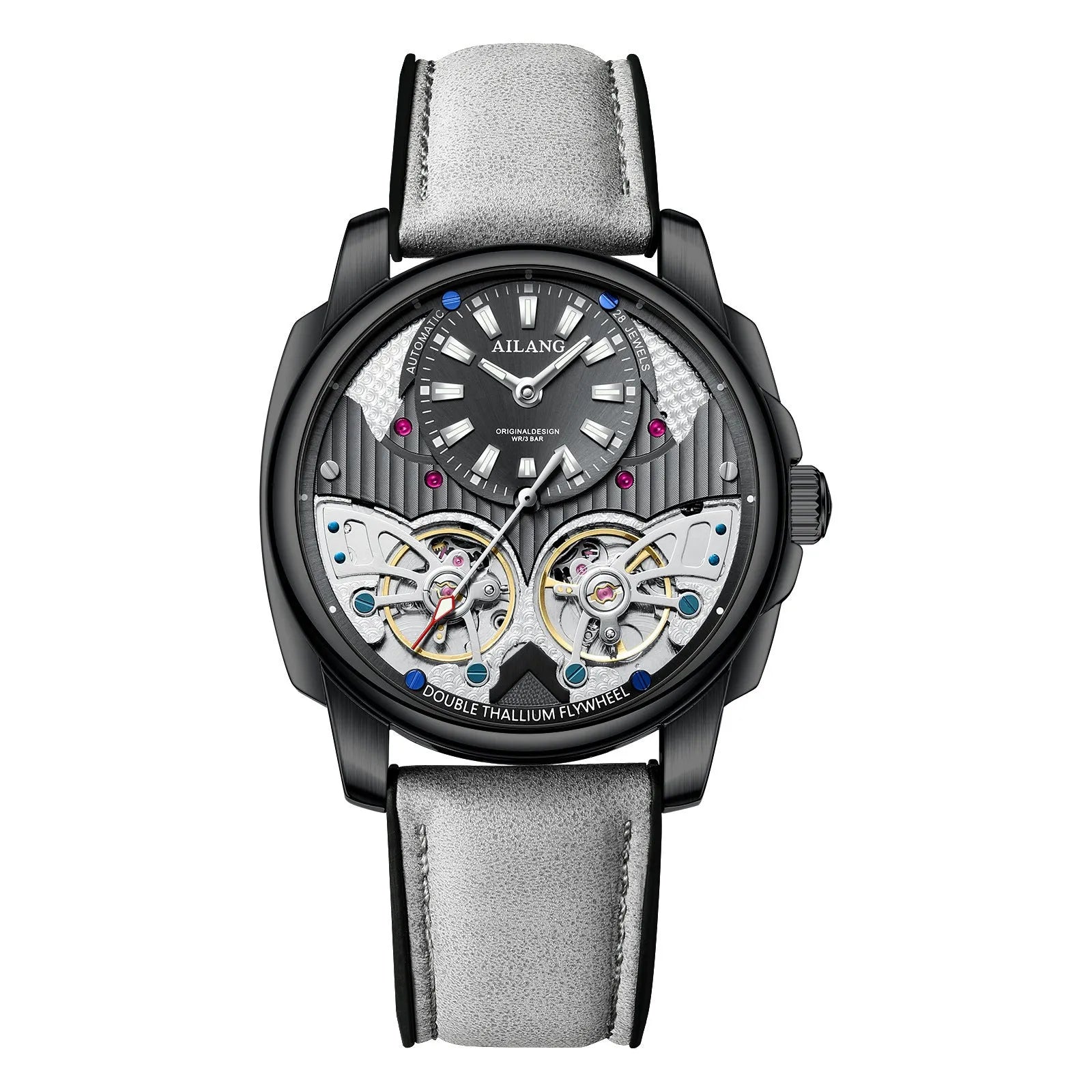 Automatic mechanical double tourbillon men's watch silver case black dial grey leather strap