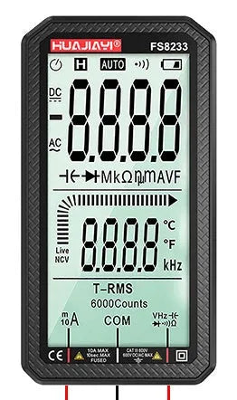 Black and red fully automatic digital multimeter with large screen display showing measurement readings