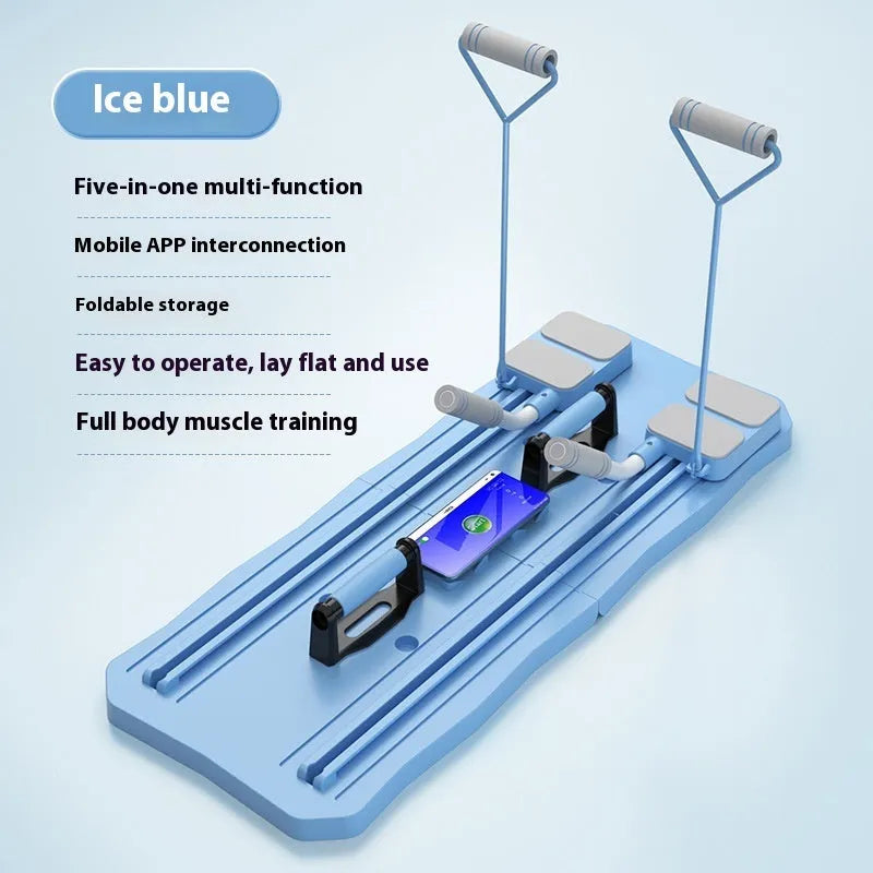 Blue and pink multi-functional ABS plastic fitness board with central abdominal wheel.