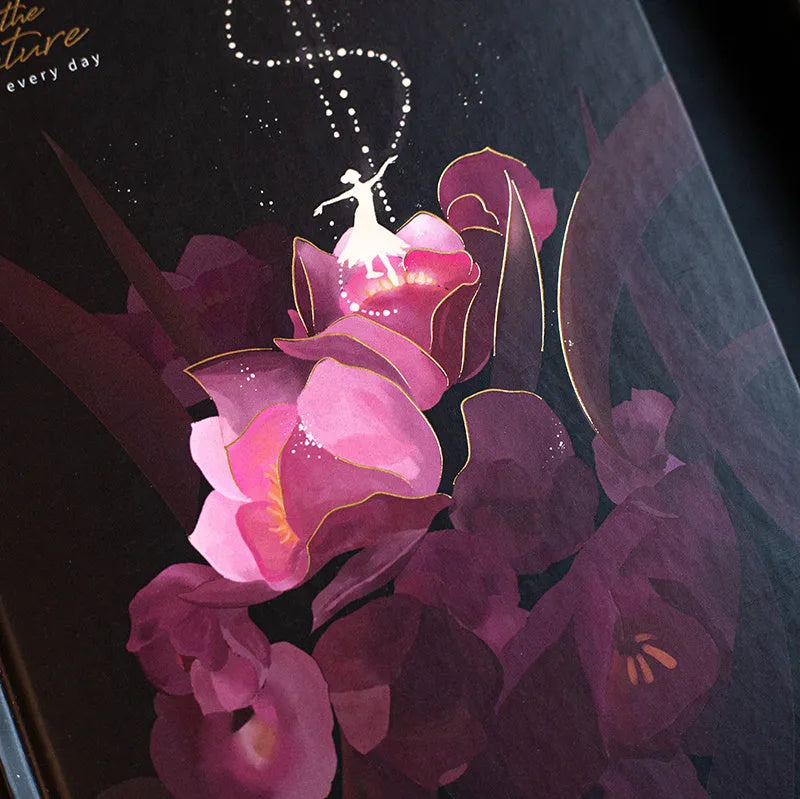 A5 notebook with luminous cover open to show colour illustrated interior pages