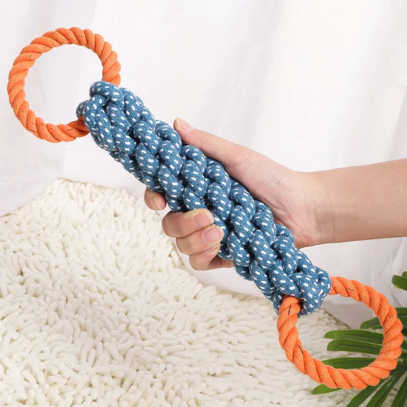 Blue braided bone rope dog toy with double rings for chewing and dental care