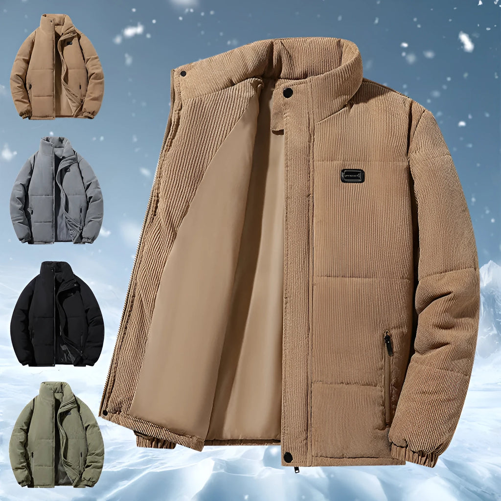 Men's corduroy cotton-padded jacket, fleece-lined, loose fit, 65cm length, round hem, five colours