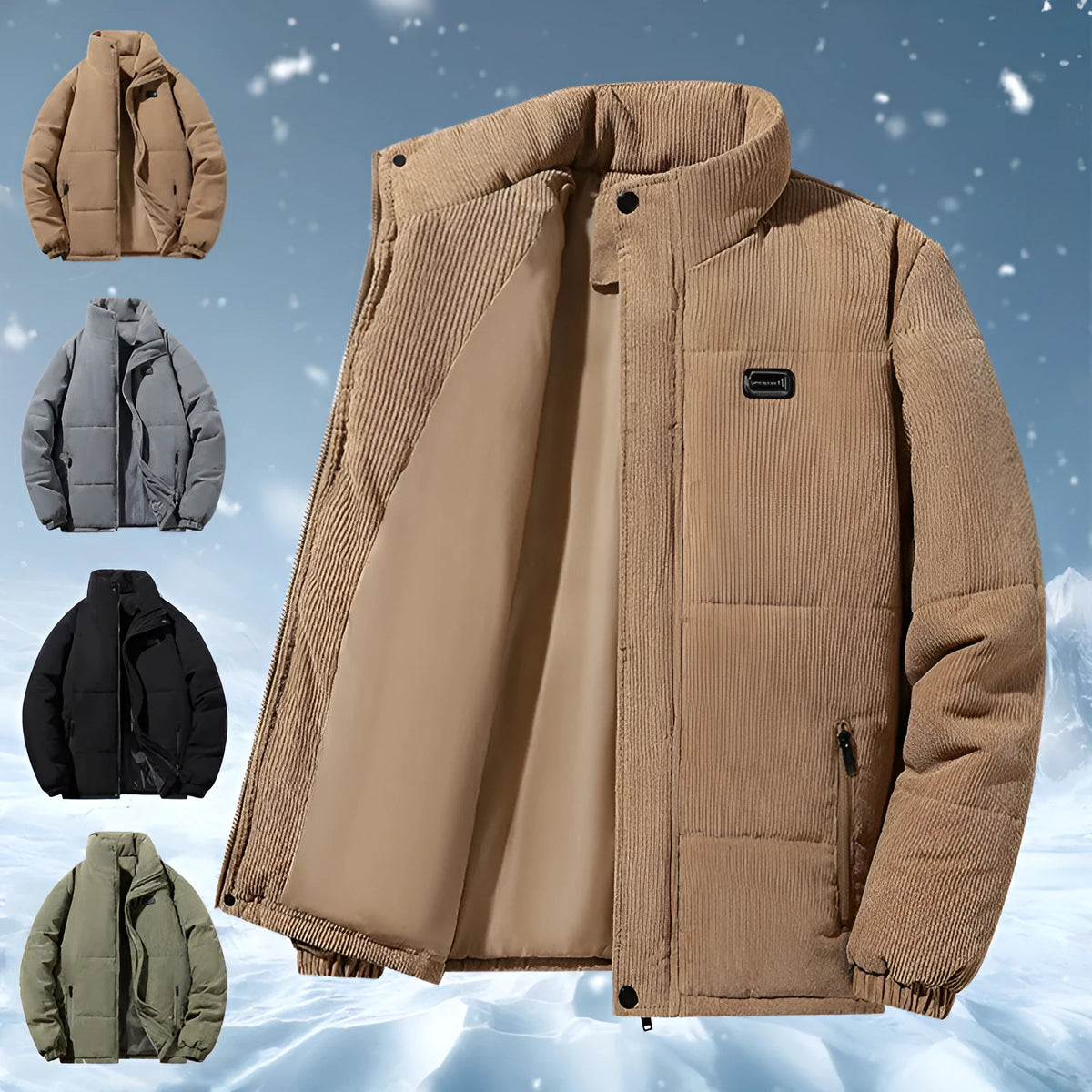 Men's corduroy cotton-padded jacket, fleece-lined, loose fit, 65cm length, round hem, five colours