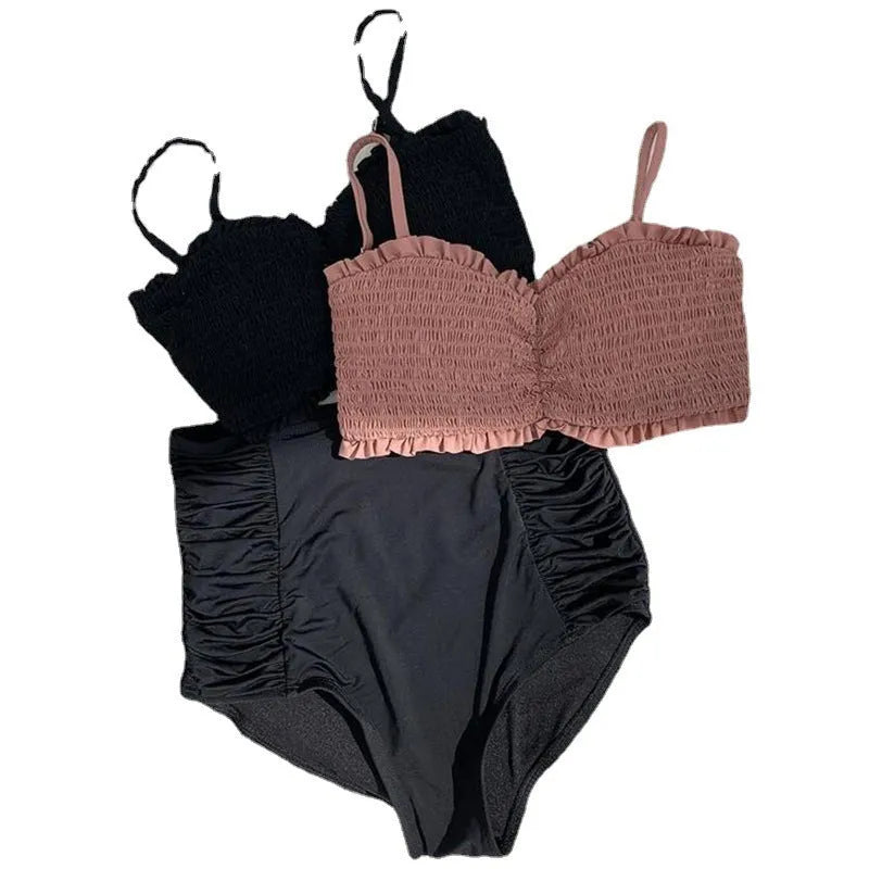 Women's retro high waist split bikini in Cameo brown and black colours