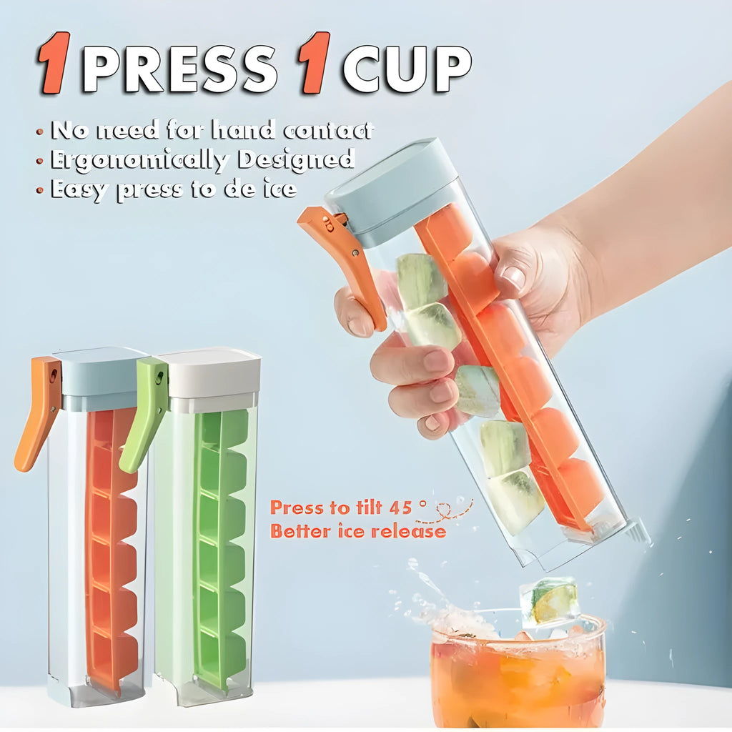 Food-grade plastic ice cube tray with one-press release mechanism and storage box in blue or white.