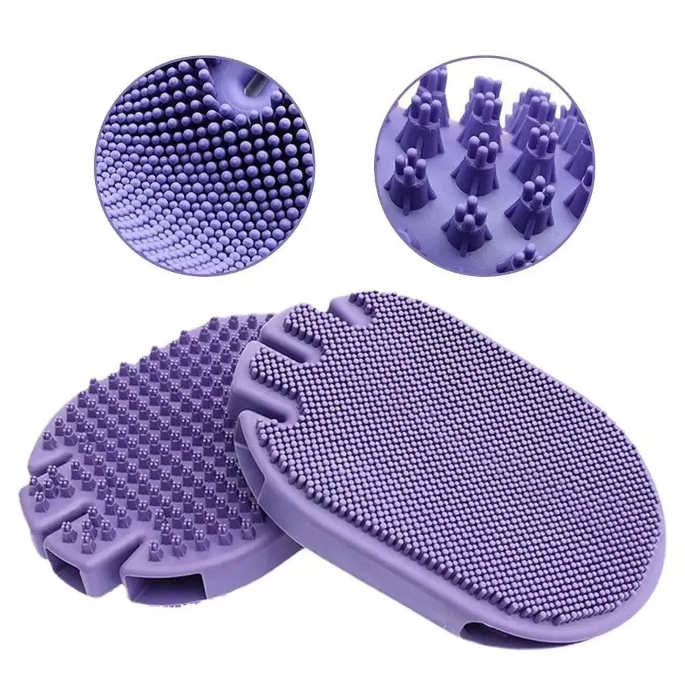 Purple dual-sided pet massage shampoo brush with soft TPR bristles and ergonomic handle