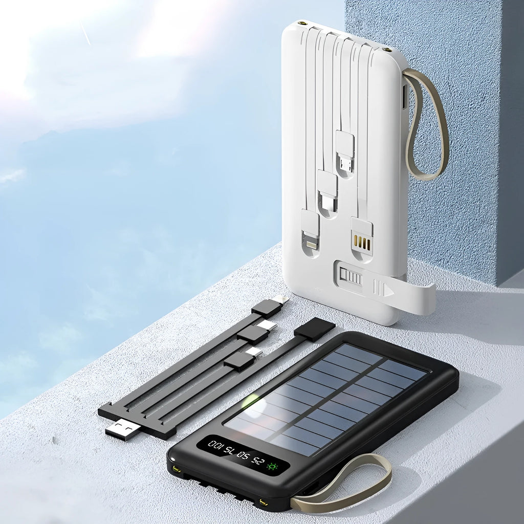 Black or white solar power bank showing the solar panel and USB ports, with a multi-purpose charging cable.