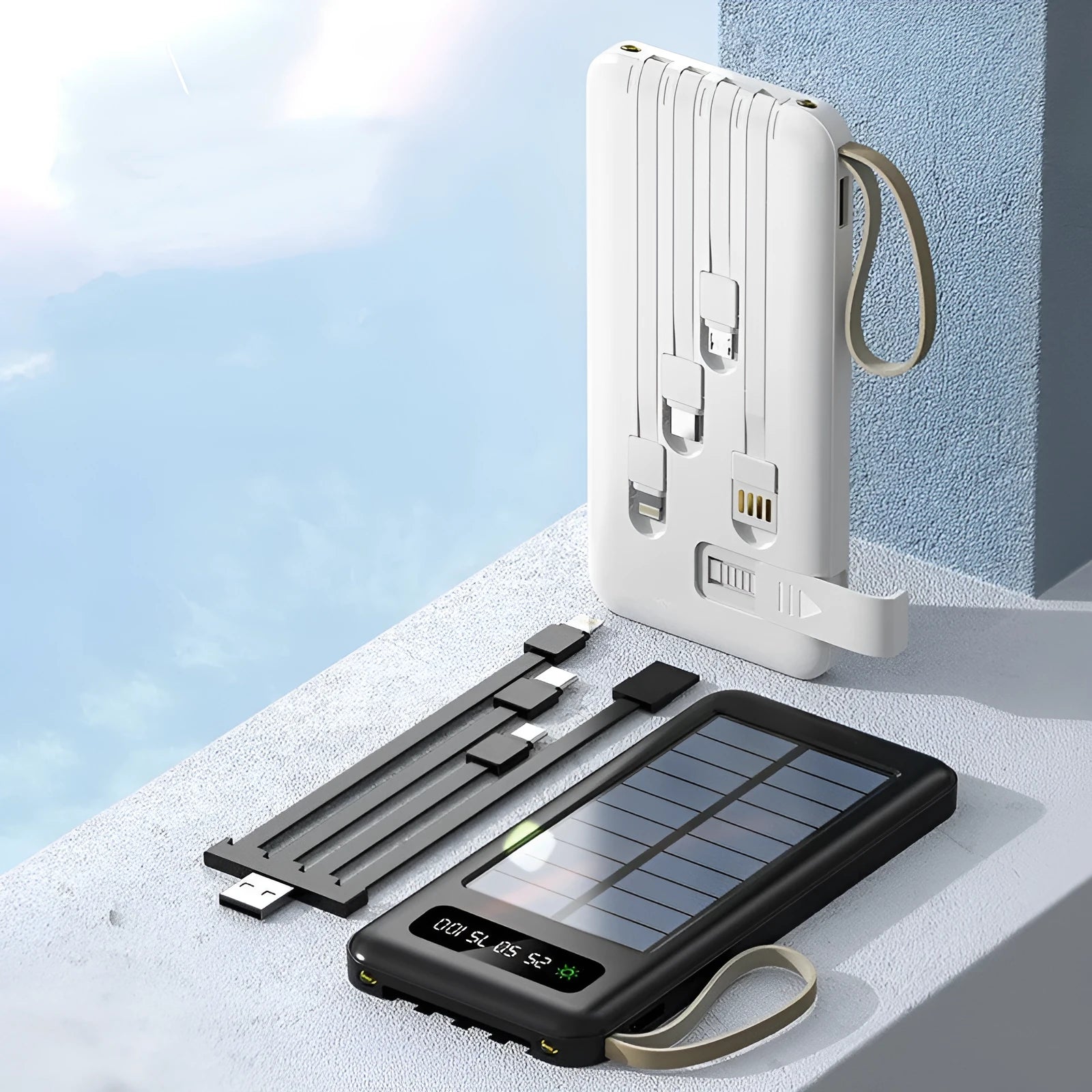 Black or white solar power bank showing the solar panel and USB ports, with a multi-purpose charging cable.