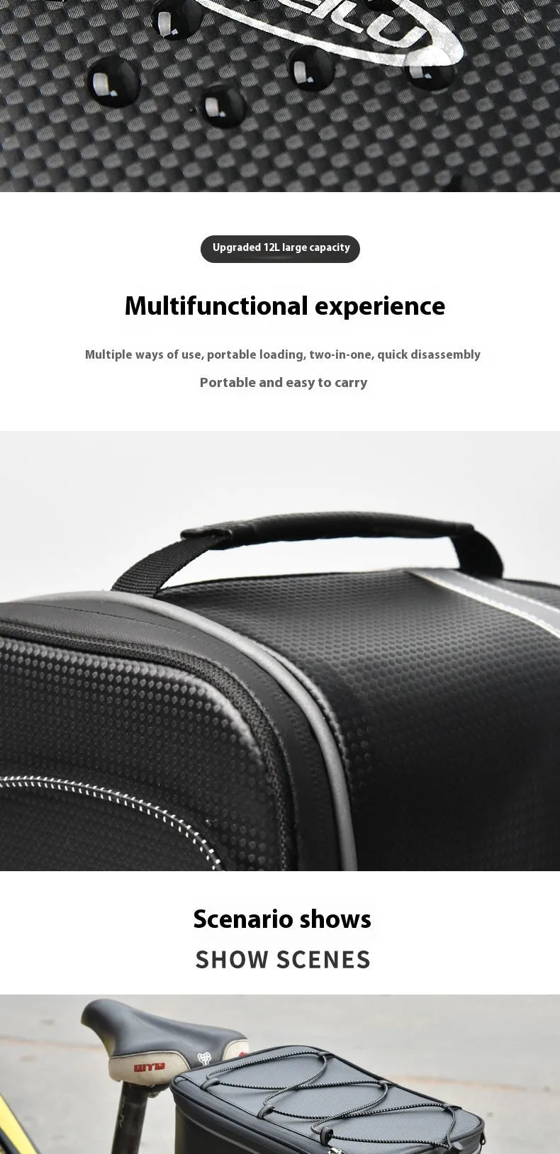 Black PU leather car bicycle rack bag with 12 litre capacity for backseat equipment storage